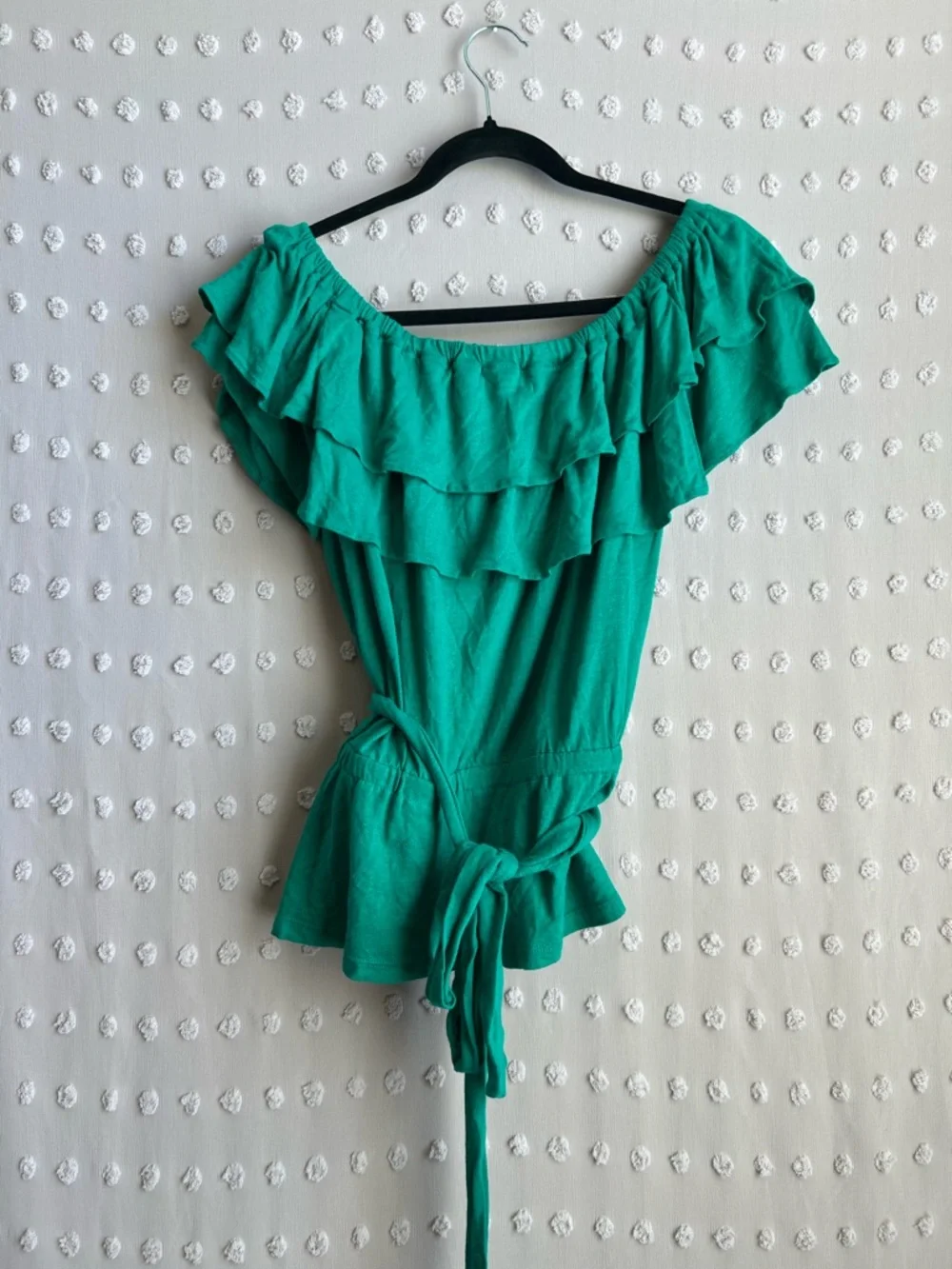 NWT Lauren Ralph Lauren Black Label Off the Shoulder Ruffle Jersey Sz M Green - Picture 2 of 5